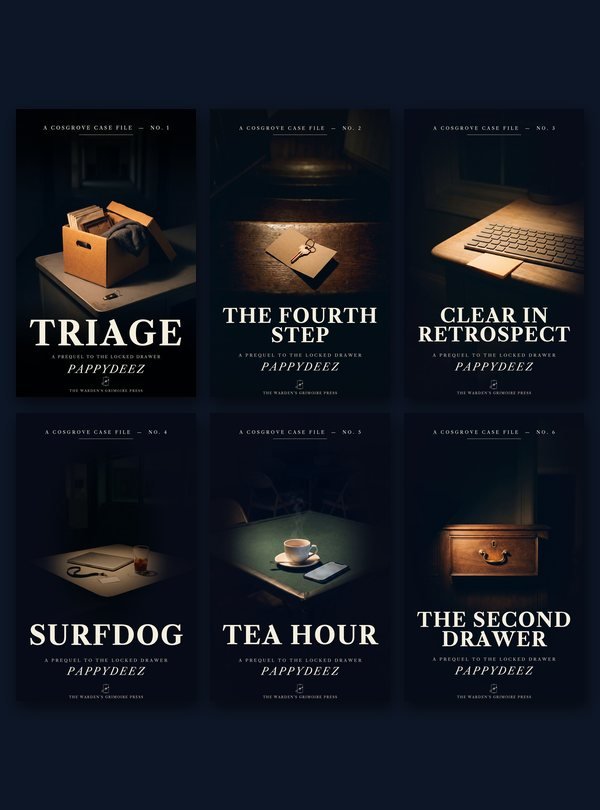 The six Cosgrove Case Files covers: Triage, The Fourth Step, Clear in Retrospect, Surfdog, Tea Hour and The Second Drawer