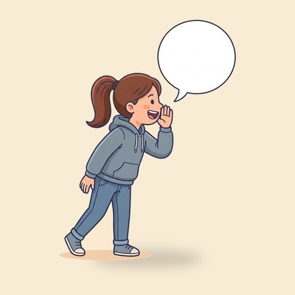 Sam, a ten-year-old girl with a high brown ponytail and a blue-grey hoodie